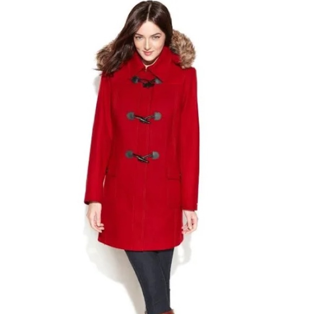 Tommy Hilfiger Red Hooded Wool Duffle Toggle Coat